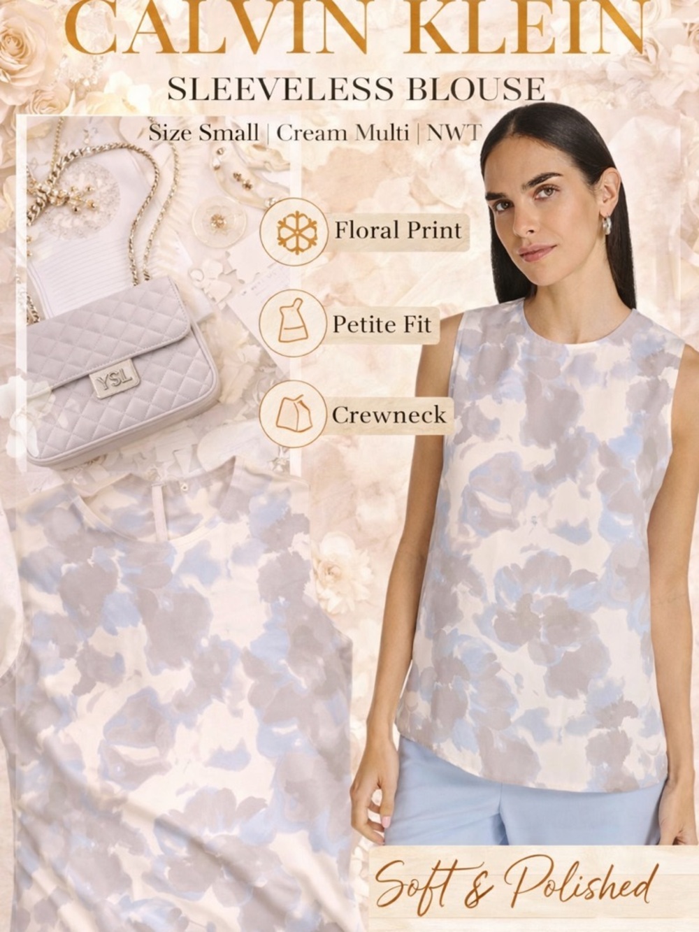 Calvin Klein Printed Crewneck Sleeveless Blouse Small NWT Cream Multi Floral